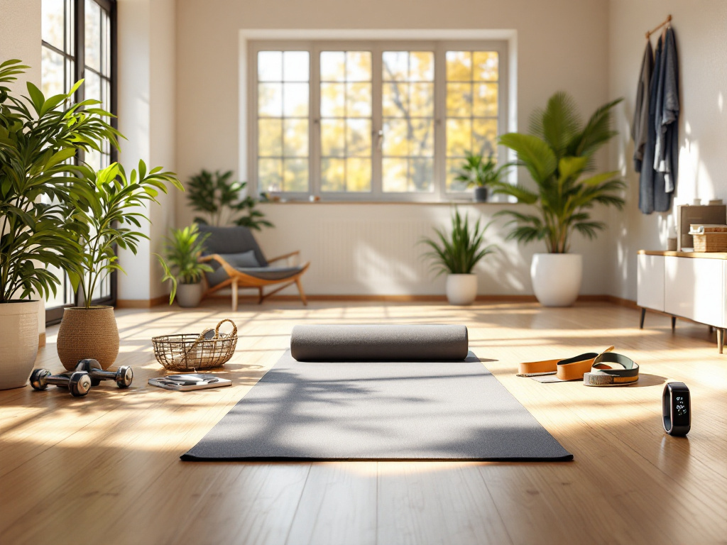 Modern home gym with yoga mat and fitness equipment